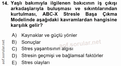 14. soru: Yaşlı bakımıyla ilgilenen bakıcının iş çıkışı arkadaşlarıyla buluşması ve sıkıntılarından kurtulması, ABC-X Stresle B…