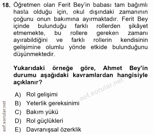 18. soru: Oğretmen olan Ferit Bey'in babası tam bağımlı hasta olduğu için, okul dışındaki zamanının çoğunu onun bakımına ayırma…