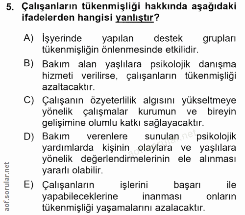 5. soru: Çalışanların tükenmişliği hakkında aşağıdaki ifadelerden hangisi yanlıştır? A) Işyerinde yapılan destek grupları tüke…