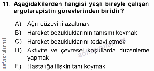 11. soru: Aşağıdakilerden hangisi yaşlı bireyle çalışan ergoterapistin görevlerinden biridir? A) Ağrı düzeyini azaltmak B) Hare…