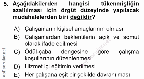 5. soru: Aşağıdakilerden hangisi tükenmişliğin azaltılması için örgüt düzeyinde yapılacak müdahalelerden biri değildir? A) Çal…