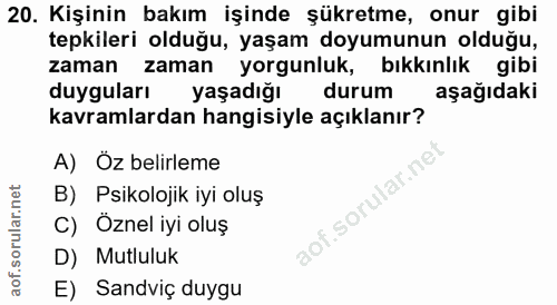 20. soru: Kişinin bakım işinde şükretme, onur gibi tepkileri olduğu, yaşam doyumunun olduğu, zaman zaman yorgunluk, bıkkınlık g…