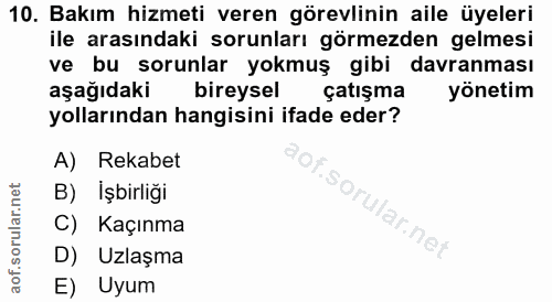 10. soru: Bakım hizmeti veren görevlinin aile üyeleri ile arasındaki sorunları görmezden gelmesi ve bu sorunlar yokmuş gibi dav…