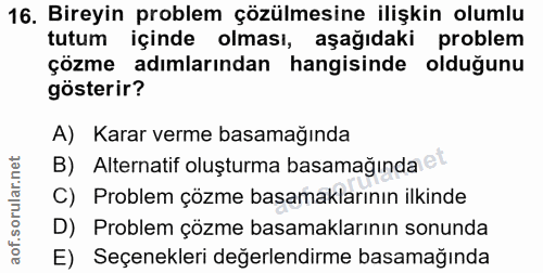 16. soru: Bireyin problem çözülmesine ilişkin olumlu tutum içinde olması, aşağıdaki problem çözme adımlarından hangisinde olduğ…