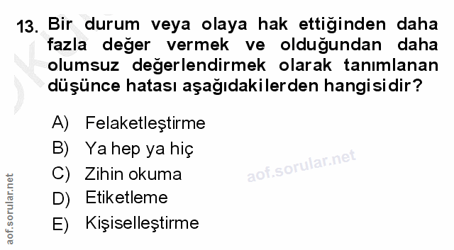 13. soru: Bir durum veya olaya hak ettiğinden daha fazla değer vermek ve olduğundan daha olumsuz değerlendirmek olarak tanımlan…