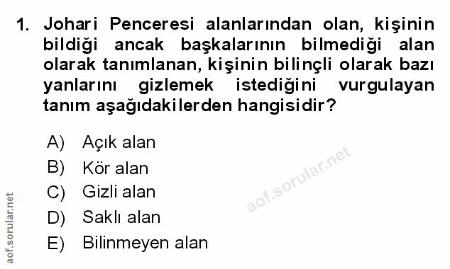 1. soru: Johari Penceresi alanlarından olan, kişinin bildiği ancak başkalarının bilmediği alan olarak tanımlanan, kişinin bili…