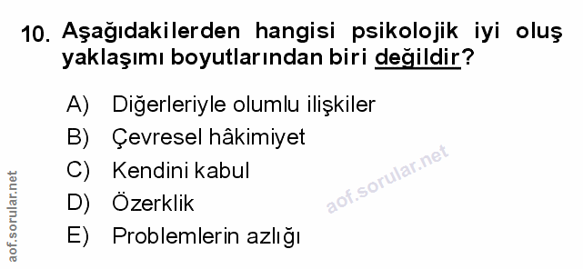 10. soru: Aşağıdakilerden hangisi psikolojik iyi oluş yaklaşımı boyutlarından biri değildir? A) Diğerleriyle olumlu ilişkiler B…