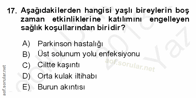 17. soru: Aşağıdakilerden hangisi yaşlı bireylerin boş zaman etkinliklerine katılimını engelleyen sağlık koşullarından biridir?…