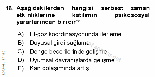 18. soru: Aşağıdakilerden hangisi serbest zaman etkinliklerine katılımın psikososyal yararlarından biridir? A) El-göz koordinas…