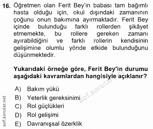 16. soru: Öğretmen olan Ferit Bey'in babası tam bağımlı hasta olduğu için, okul dışındaki zamanının çoğunu onun bakımına ayırma…