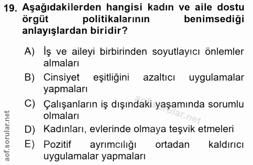 19. soru: Aşağıdakilerden hangisi kadın ve aile dostu örgüt politikalarının benimsediği anlayışlardan biridir? A) İş ve aileyi…