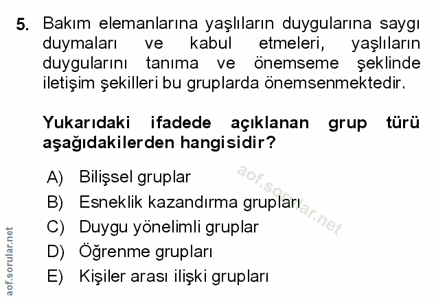 5. soru: Bakım elemanlarına yaşlıların duygularına saygı duymaları kabul etmeleri, yaşlıların duygularını tanıma ve önemseme ş…