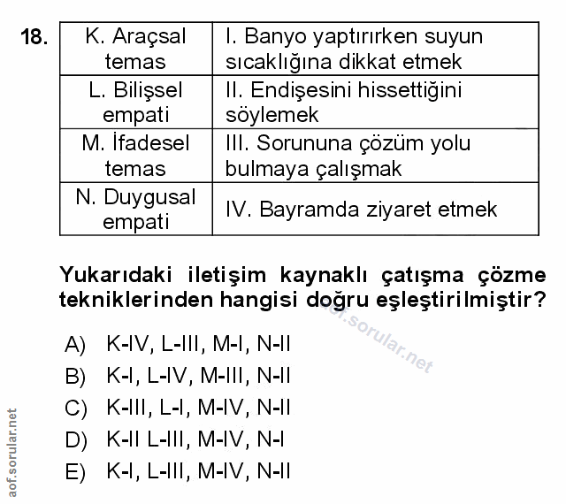 18. soru: K. Araçsal 1. Banyo yaptırırken suyun temas sıcaklığına dikkat etmek L. Bilişsel Il. Endişesini hissettiğini empati s…
