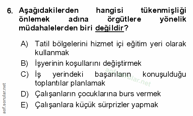6. soru: Aşağıdakilerden hangisi tükenmişliği önlemek adına örgütlere yönelik müdahalelerden biri değildir? A) Tatil bölgeleri…