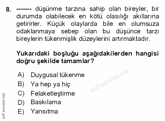 8. soru: -- düşünme tarzına sahip olan bireyler, bir durumda olabilecek en kötü olasılığı akıllarına getirirler. Küçük olaylar…