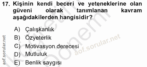 17. soru: Kişinin kendi beceri ve yeteneklerine olan güveni olarak tanımlanan kavram aşağıdakilerden hangisidir? A) Çalışkanlık…