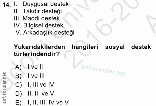 14. soru: 1. Duygusal destek II. Takdir desteği II. Maddi destek IV. Bilgisel destek V. Arkadaşlık desteği Yukarıdakilerden han…