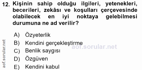 12. soru: Kişinin sahip olduğu ilgileri, yetenekleri, becerileri, zekâsı ve koşulları çerçevesinde olabilecek en iyi noktaya ge…