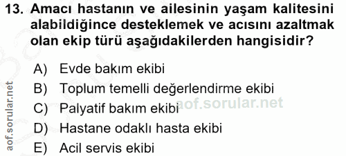 13. soru: Amacı hastanın ve ailesinin yaşam kalitesini alabildiğince desteklemek ve acısını azaltmak olan ekip türü aşağıdakile…