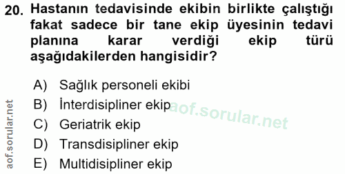 20. soru: Hastanın tedavisinde ekibin birlikte çalıştığı fakat sadece bir tane ekip üyesinin tedavi planina karar verdigi ekip…
