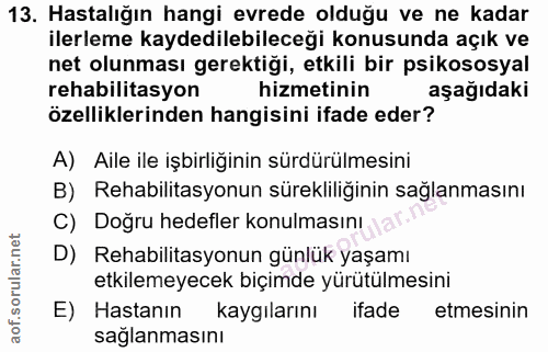 13. soru: Hastalığın hangi evrede olduğu ve ne kadar ilerleme kaydedilebileceği konusunda açık ve net olunması gerektiği, etkil…