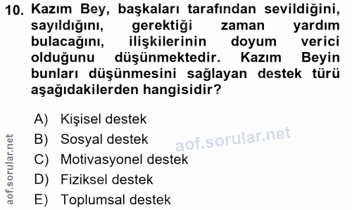 10. soru: Kazım Bey, başkaları tarafından sevildiğini, sayıldığını, gerektiği zaman yardım bulacağını, ilişkilerinin doyum veri…
