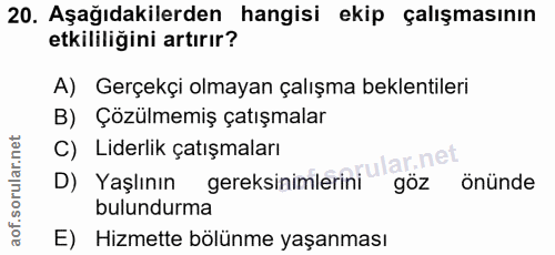 20. soru: Aşağıdakilerden hangisi ekip çalışmasının etkililiğini artırır? A) Gerçekçi olmayan çalışma beklentileri B) Çözülmemi…