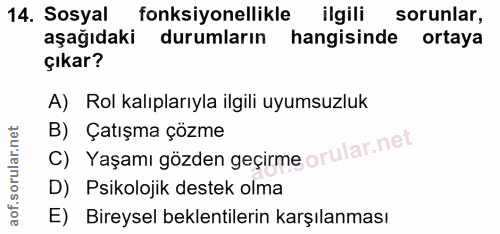 14. soru: Sosyal fonksiyonellikle ilgili sorunlar, aşağıdaki durumların hangisinde ortaya çıkar? A) Rol kalıplarıyla ilgili uyu…