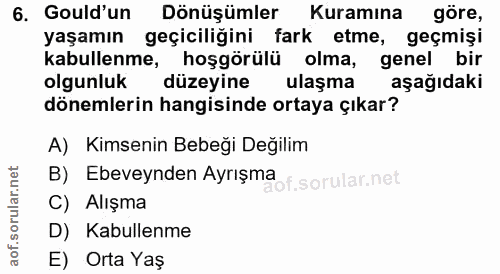 6. soru: Guld'un Dönüşümler Kuramına göre, yaşamın geçiciliğini fark etme, geçmişi kabullenme, hoşgörülü olma, genel bir olgun…