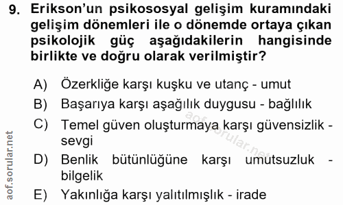 9. soru: Erikson'un psikososyal gelişim kuramındaki gelişim dönemleri ile o dönemde ortaya çıkan psikolojik güç aşağıdakilerin…
