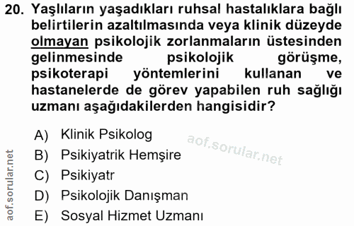 20. soru: Yaşlıların yaşadıkları ruhsal hastalıklara bağlı belirtilerin azaltılmasında veya klinik düzeyde olmayan psikolojik z…