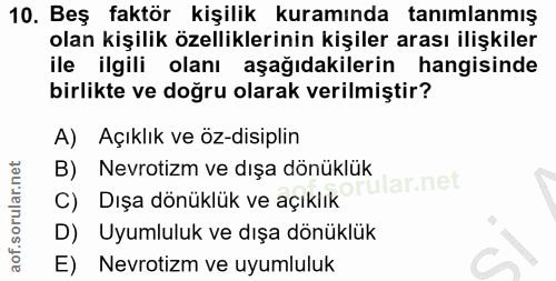 10. soru: Beş faktör kişilik kuramında tanımlanmış olan kişilik özelliklerinin kişiler arası ilişkiler ile ilgili olanı aşağıda…