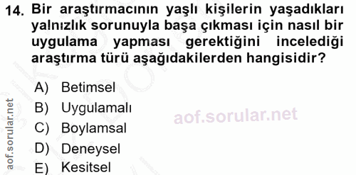 14. soru: Bir araştırmacının yaşlı kişilerin yaşadıkları yalnızlık sorunuyla başa çıkması için nasıl bir uygulama yapması gerek…