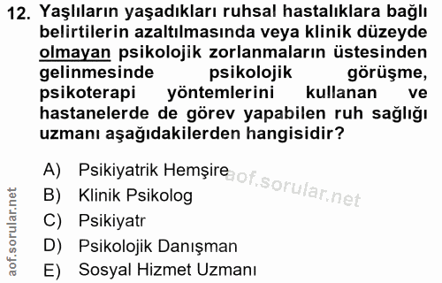 12. soru: Yaşlıların yaşadıkları ruhsal hastalıklara bağlı belirtilerin azaltılmasında veya klinik düzeyde olmayan psikolojik z…