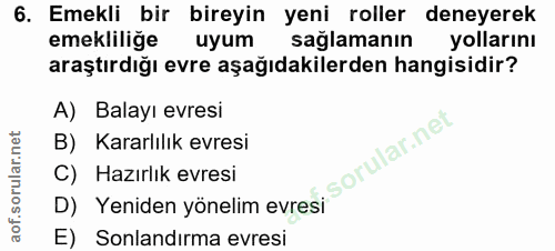 6. soru: Emekli bir bireyin yeni roller deneyerek emekliliğe uyum saglamanın yollarını araştırdığı evre aşağıdakilerden hangis…