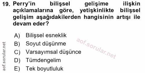 19. soru: Perry'in bilişsel gelişime ilişkin açıklamalarına göre, yetişkinlikte bilişsel gelişim aşağıdakilerden hangisinin art…