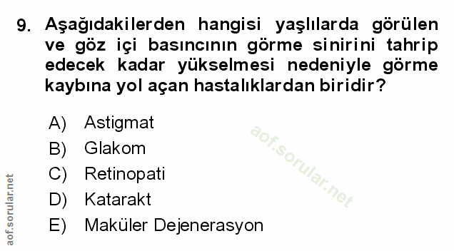 9. soru: Aşağıdakilerden hangisi yaşlılarda görülen ve göz içi basıncının görme sinirini tahrip edecek kadar yükselmesi nedeni…