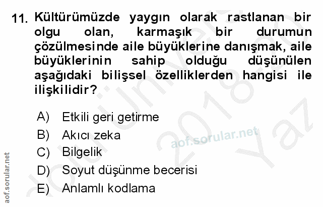 11. soru: Kültürümüzde yaygın olarak rastlanan bir olgu olan, karmaşık bir durumun çözülmesinde aile büyüklerine danışmak, aile…
