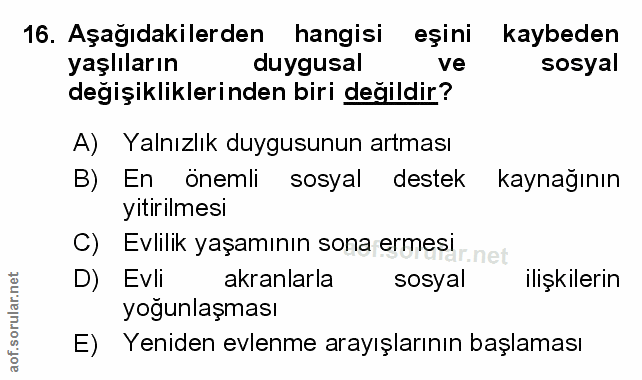16. soru: Aşağıdakilerden hangisi eşini kaybeden yaşlıların duygusal ve sosyal degişikliklerinden biri değildir? A) Yalnızlık d…
