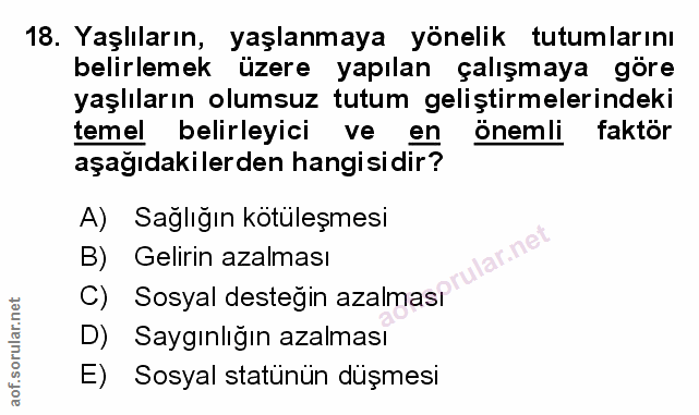 18. soru: Yaşlıların, yaşlanmaya yönelik tutumlarını belirlemek üzere yapılan çalışmaya göre yaşlıların olumsuz tutum geliştirm…
