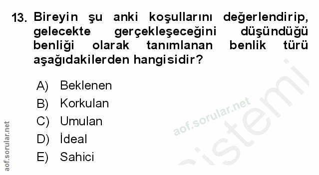 13. soru: Bireyin şu anki koşullarını degerlendirip, gelecekte gerçekleşeceğini düşündüğü benliği olarak tanımlanan benlik türü…