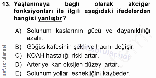 13. soru: Yaşlanmaya bağlı olarak akciğer fonksiyonları ile ilgili aşağıdaki ifadelerden hangisi yanlıştır? A) Solunum kasların…