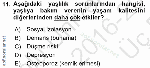 11. soru: Aşağıdaki yaşlılık sorunlarından hangisi, yaşlıya bakım verenin yaşam kalitesini diğerlerinden daha çok etkiler? A) S…
