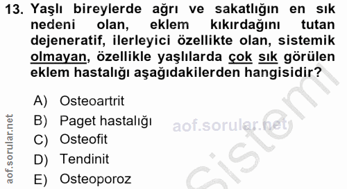 13. soru: Yaşlı bireylerde ağrı ve sakatlığın en sık nedeni olan, eklem kıkırdağını tutan dejeneratif, ilerleyici özellikte ola…