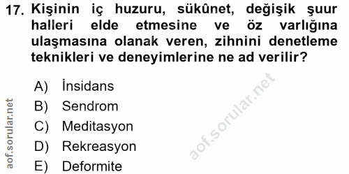 17. soru: Kişinin iç huzuru, sükünet, değişik şuur halleri elde etmesine ve öz varlığına ulaşmasına olanak veren, zihnini denet…