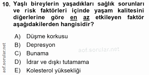10. soru: Yaşlı bireylerin yaşadıkları sağlık sorunları ve risk faktörleri içinde yaşam kalitesini diğerlerine göre en az etkil…