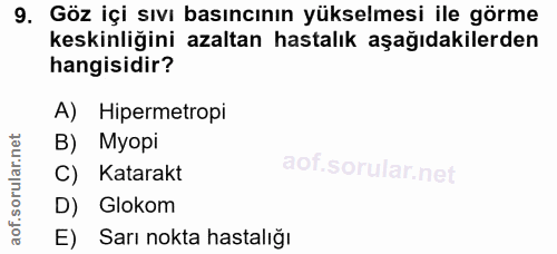 9. soru: Göz içi sıvı basıncının yükselmesi ile görme keskinliğini azaltan hastalık aşağıdakilerden hangisidir? A) Hipermetrop…