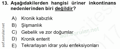 13. soru: Aşağıdakilerden hangisi üriner inkontinans nedenlerinden biri değildir? A) Kronik kabızlık B) Şişmanlık C) Gebelik ve…