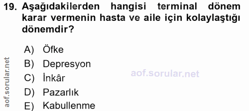 19. soru: Aşağıdakilerden hangisi terminal dönem karar vermenin hasta ve aile için kolaylaştığı dönemdir? A) Öfke B) Depresyon…