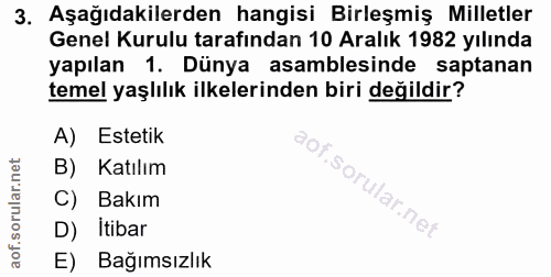 3. soru: Aşağıdakilerden hangisi Birleşmiş Milletler Genel Kurulu tarafından 10 Aralık 1982 yılında yapılan 1. Dünya asamblesi…